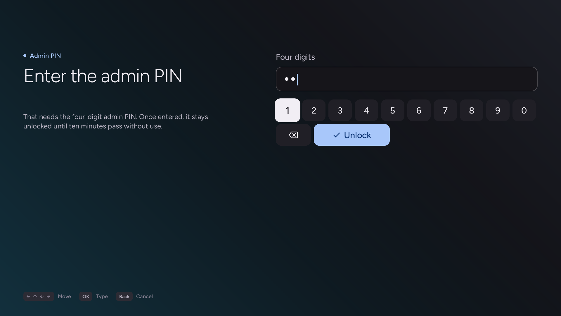 The admin PIN prompt on the TV