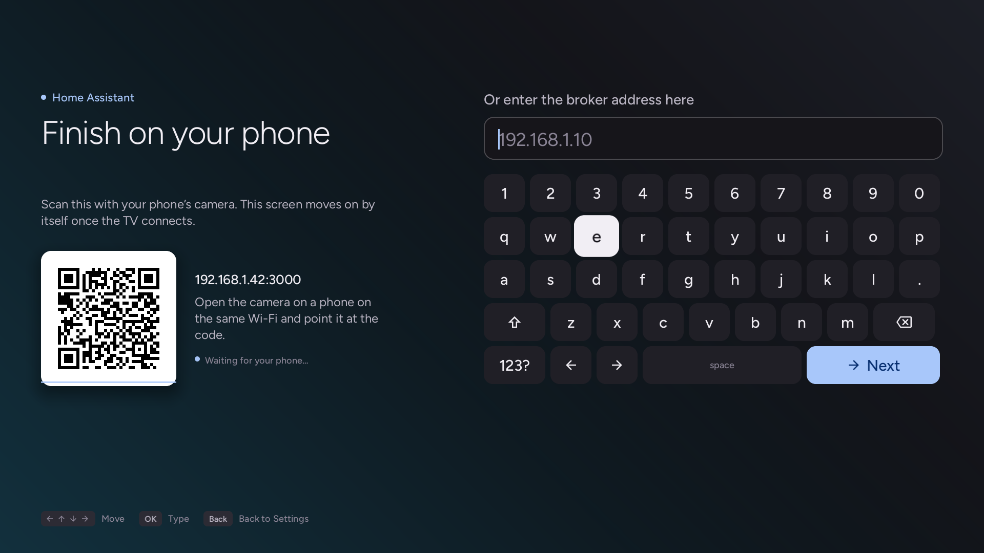 Home Assistant phone pairing QR code in the TV app setup wizard