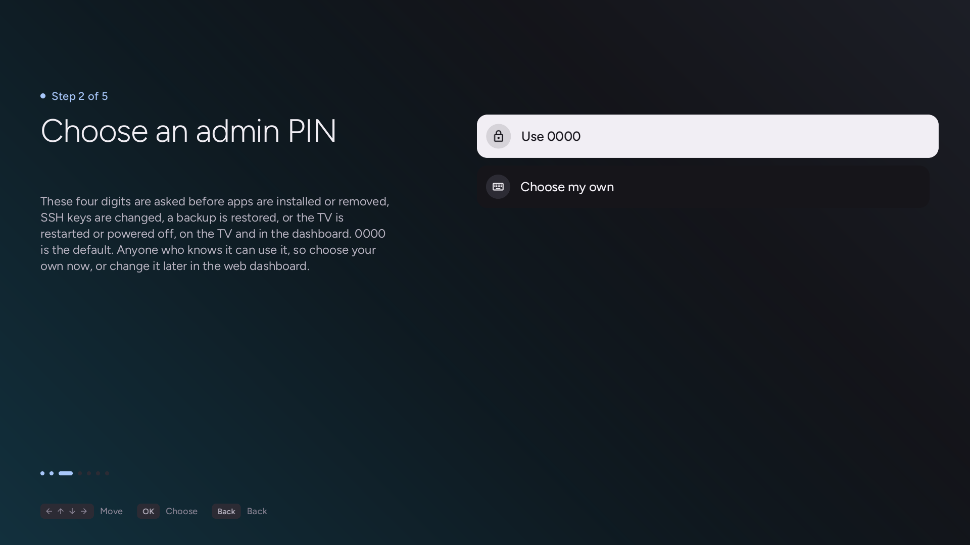 Admin PIN choice in the TV app setup wizard