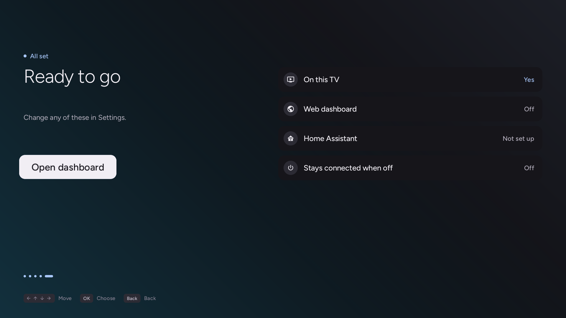 Setup wizard summary screen ready to open the dashboard
